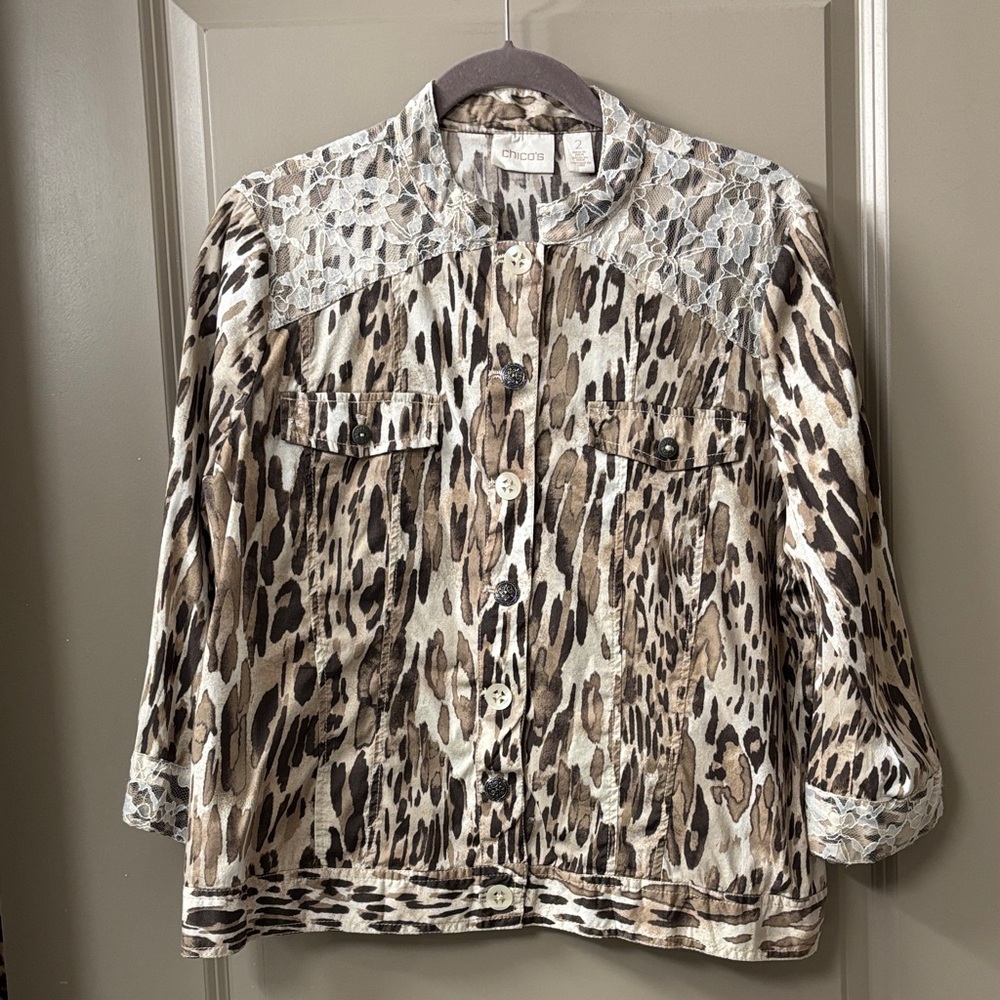 Chico's Leopard-Print Button Jacket in Brown and Cream
